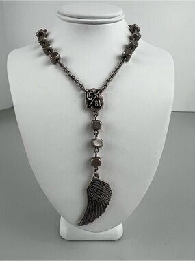 GUESS Antiqued Silver Beaded Rosary Wing Necklace